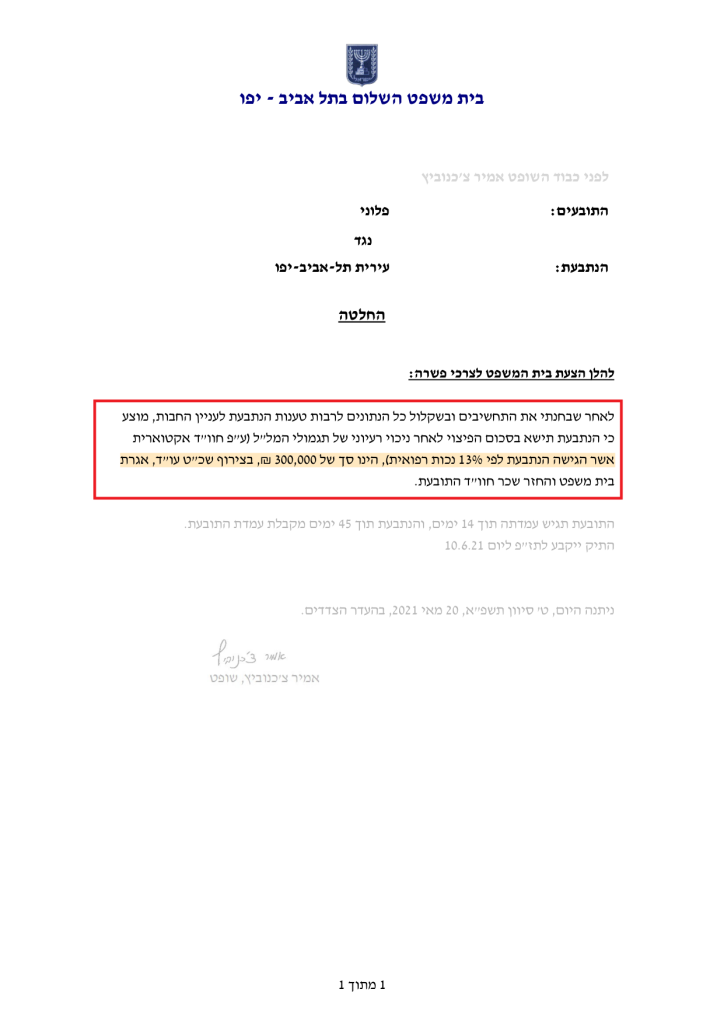 מסמך מושחר: פיצוי בסך של 300,000 ש"ח בגין פגיעה בעבודה